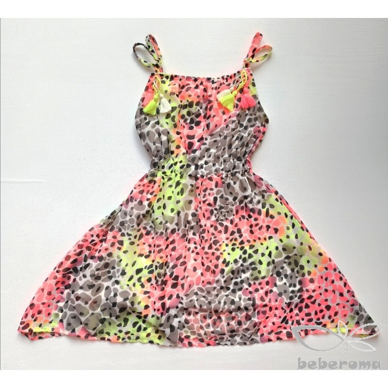  - Kız Çocuk Renkli Leopar Şifon Elbise-1201 1